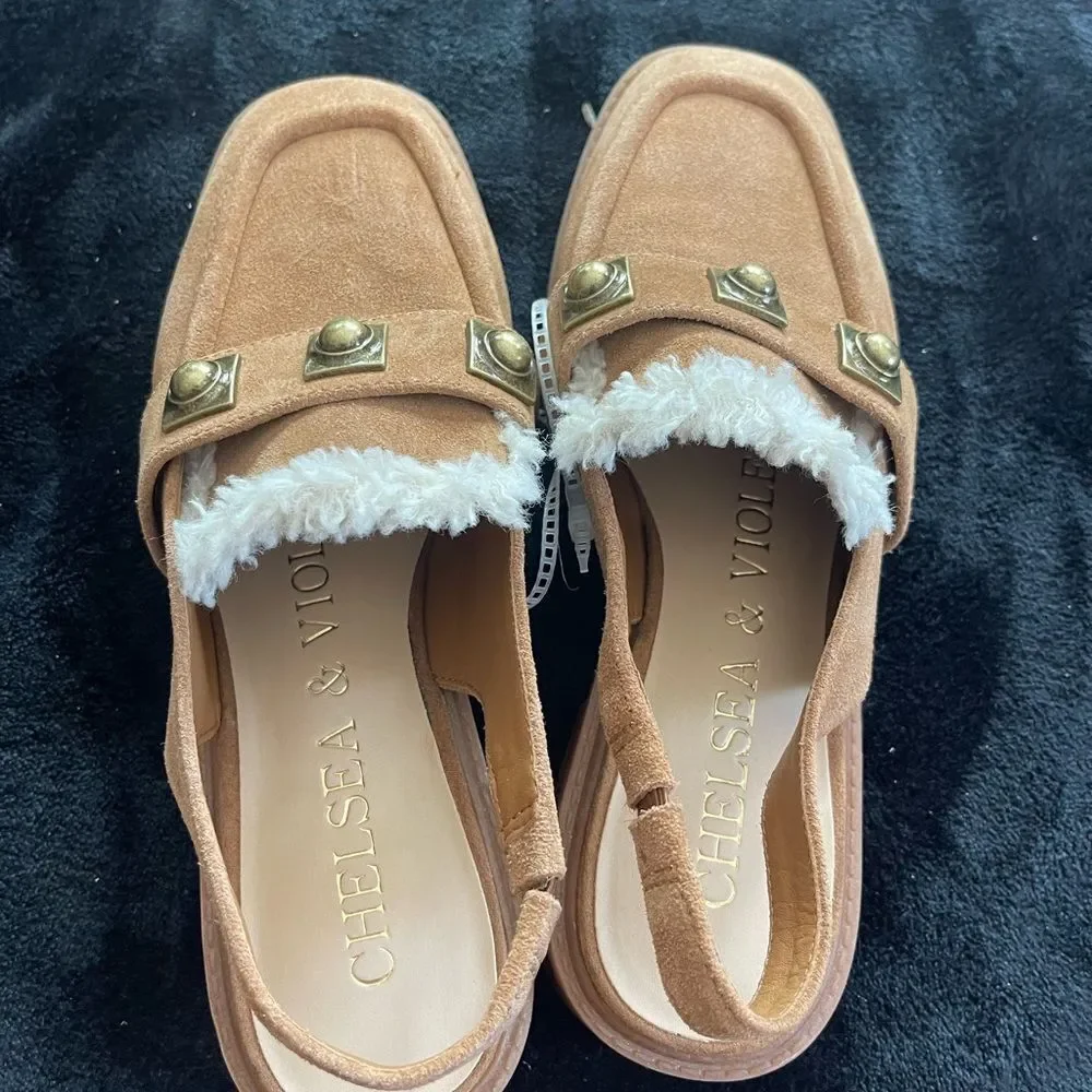Chelsea & Violet tan suede sling‎ back mules, new without tags, size 7